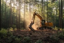 A large yellow excavator digging in a dense forest with the sunlight filtering through the tall trees.