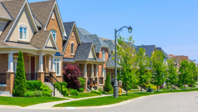 A row of houses with greenery in front on the lawns. There is a streetlamp in the center of frame.